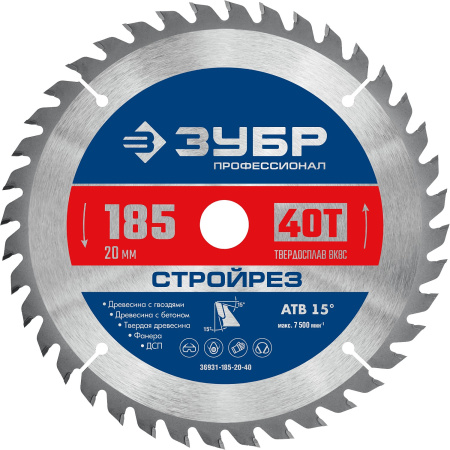 Стройрез 185х20мм 40Т, диск пильный по строительной древесине ЗУБР