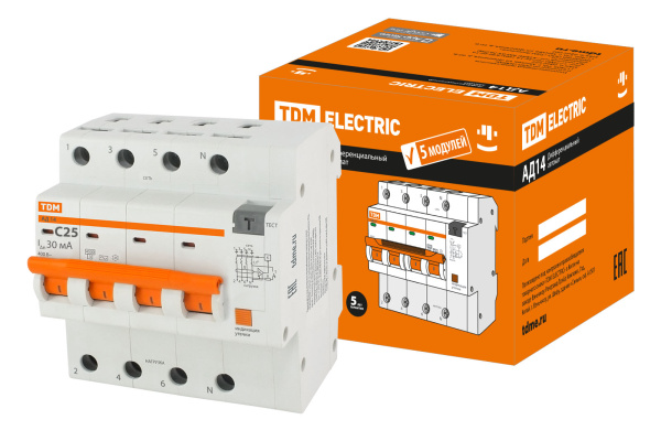 Дифференциальный автоматический выключатель АД14 4П 25А С 30мА 4,5кА тип АС 5 мод TDM