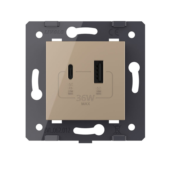 Розетка USB type C+A с блоком питания 36W, цвет золотой (механизм) Livolo Розетка USB type C+A с блоком питания 36W, цвет золотой (механизм) Livolo