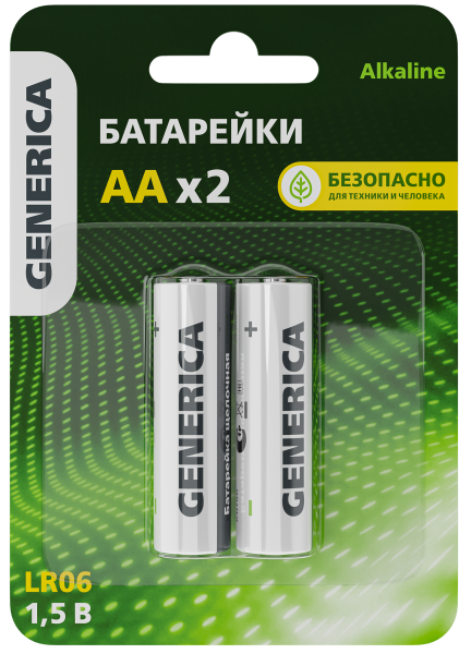 Элемент питания щелочная Alkaline LR06/AA (2шт/блистер) GENERICA IEK