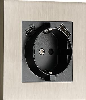 Donel N96 Розетка Schuko с зарядным устройством USB A+C, с защитными шторками, Никель, серия DT