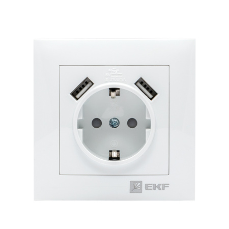 Валенсия Розетка 1-местная с/з 16А белая с защ, штор, с 2 USB 2,1А EKF