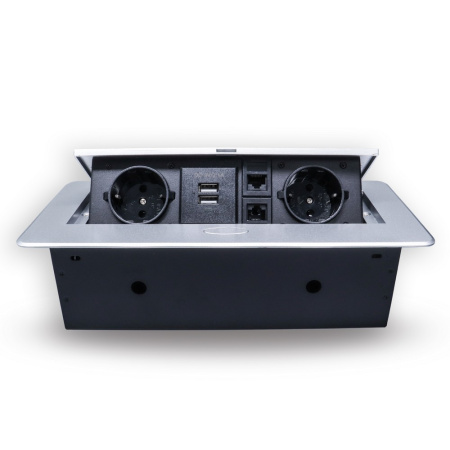 Розетка горизонтальная выдвижная 2 Euro 16А, 2 USB A с блоком 5В/2.1А, 2 RJ45 RocketSocket, проводка, цвет серый