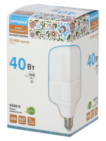 Лампа светодиодная T-40 Вт-230 В-6500 К–E27 (114x183 мм) Народная TDM