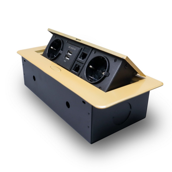 Розетка горизонтальная выдвижная 2 Euro 16А, 2 USB A с блоком 5В/2.1А, 2 RJ45 RocketSocket, проводка, цвет золотой Розетка горизонтальная выдвижная 2 Euro 16А, 2 USB A с блоком 5В/2.1А, 2 RJ45 RocketSocket, проводка, цвет золотой