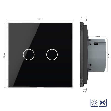 Сенсорный импульсный выключатель сухой контакт 2 клавиши 1 модуль Черный Livolo
