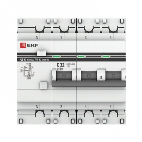 Дифференциальный автоматический выключатель АД-32 АВДТ 3П+N 32А С 4,5 30мА PROxima EKF фото 2