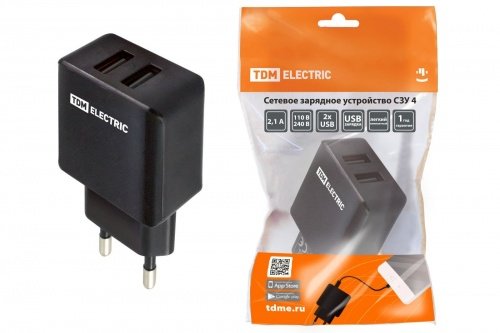 Сетевое зарядное устройство, СЗУ 4, 2,1 А, 2 USB, черный, TDM фото 2
