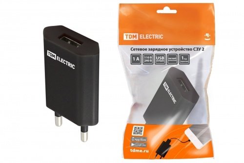 Сетевое зарядное устройство, СЗУ 2, 1 А, 1 USB, черный, TDM фото 2